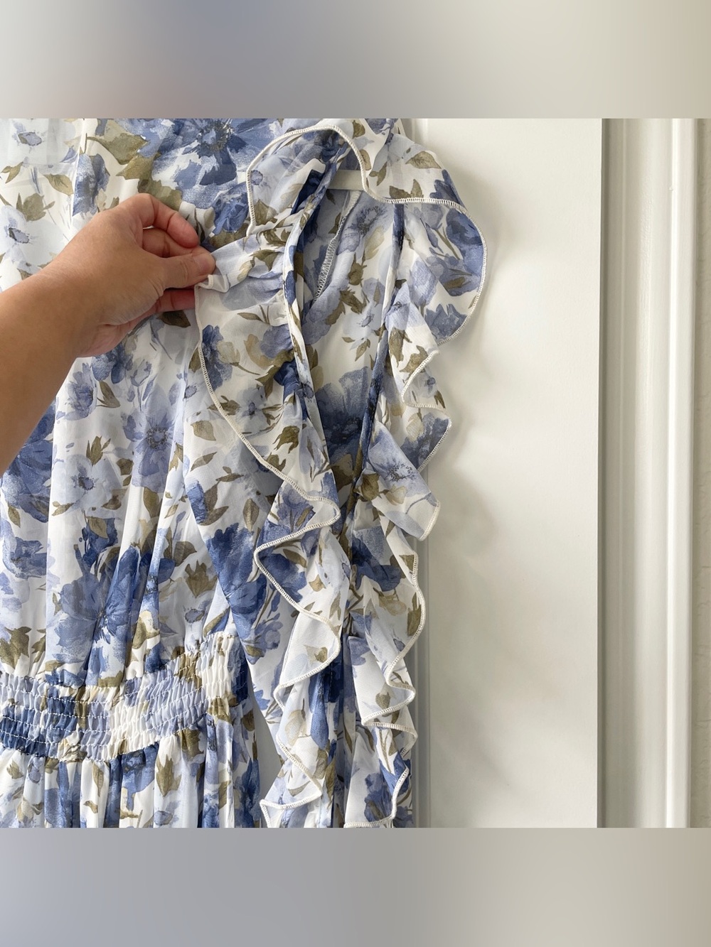 Womens Blue Floral Wrap Maxi Dress Ruffle Sleeves VNeck Boho Summer Wedding Chic - Picture 12 of 14
